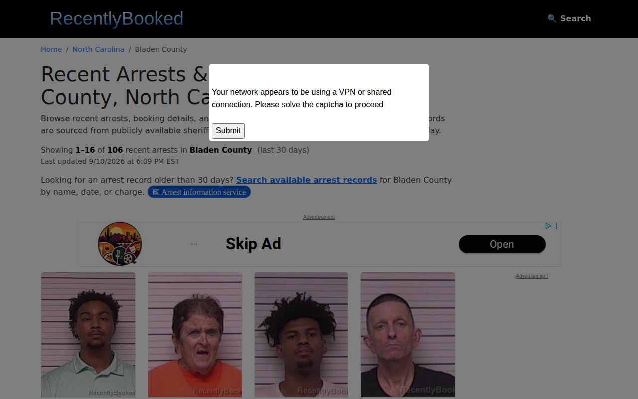 Unofficial RecentlyBooked Bladen County last 30 days page