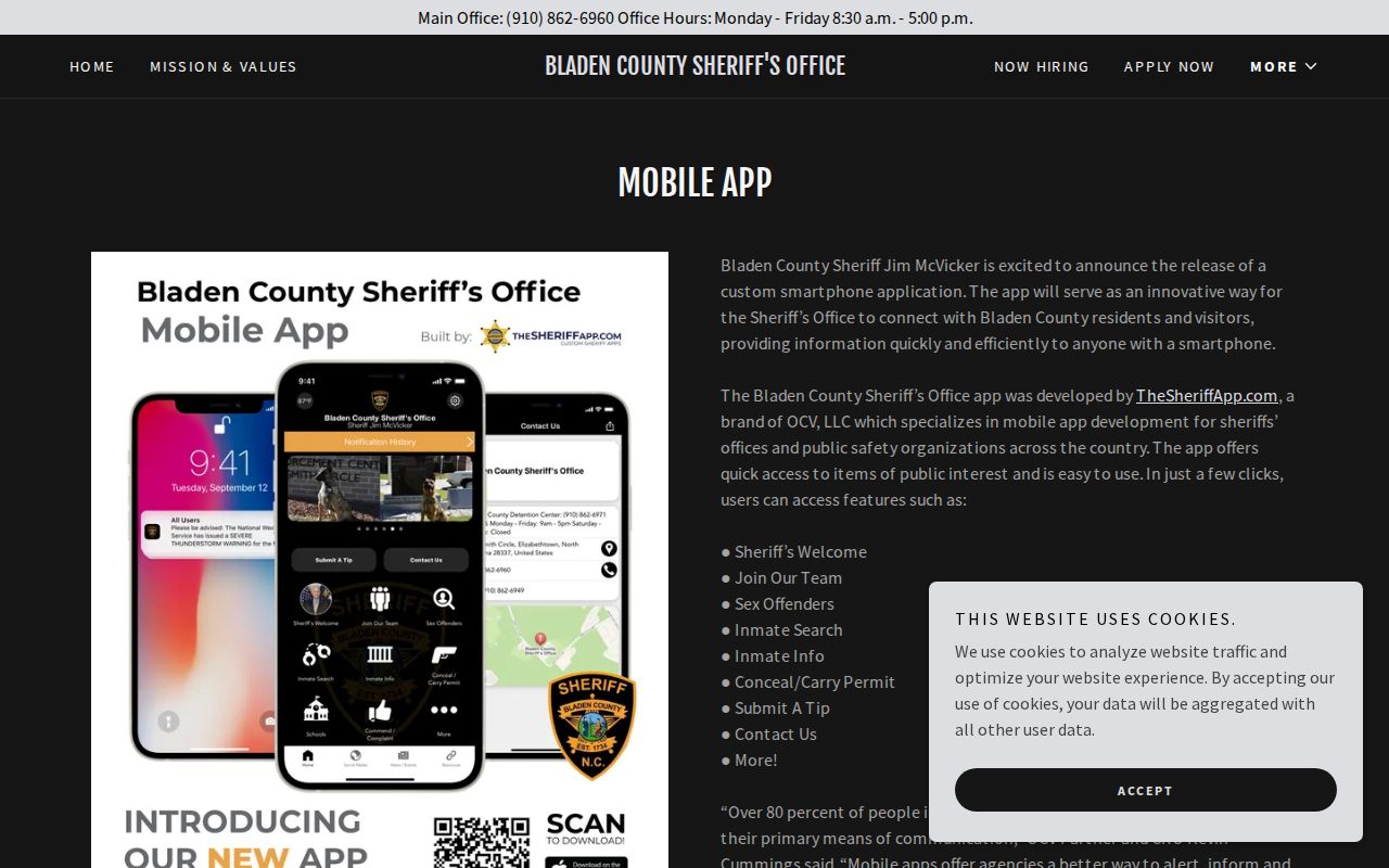 Bladen County Sheriff app page listing Inmate Search and Inmate Info