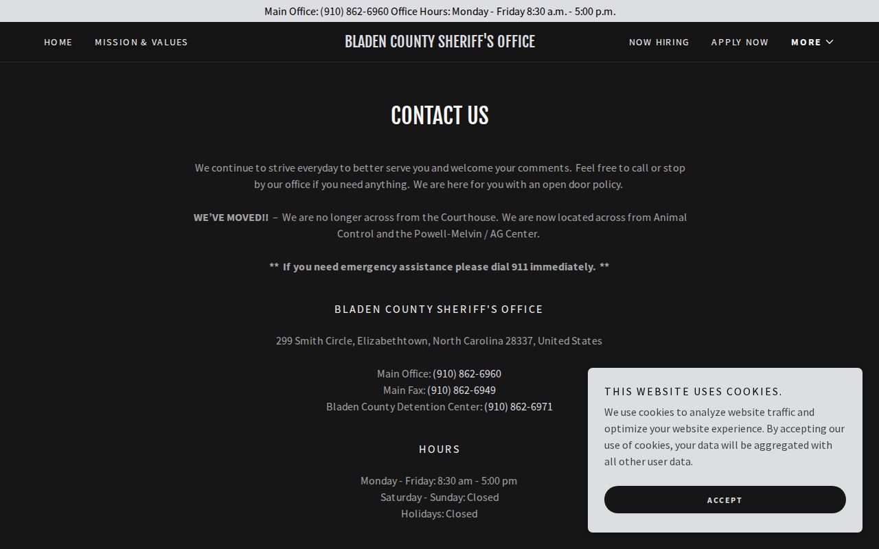 Bladen County Sheriff contact page showing current detention contact details