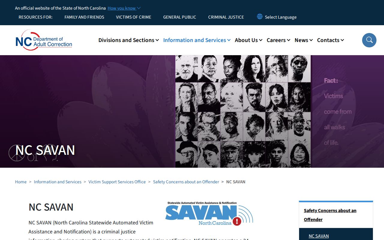 NC SAVAN public custody notification registration landing page