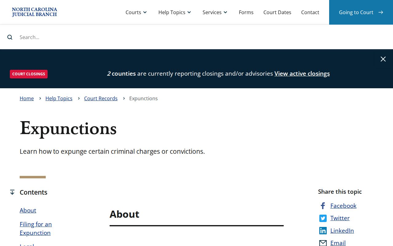 North Carolina Courts expunction guidance for eligible records